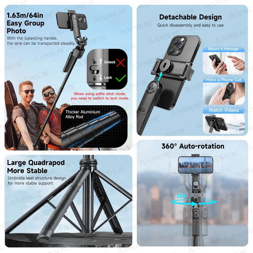 AXNEN C17 64" AI Face Tracking Selfie Stick Tripod – 360° Auto Rotation, Bluetooth Remote & Quadruped Stand