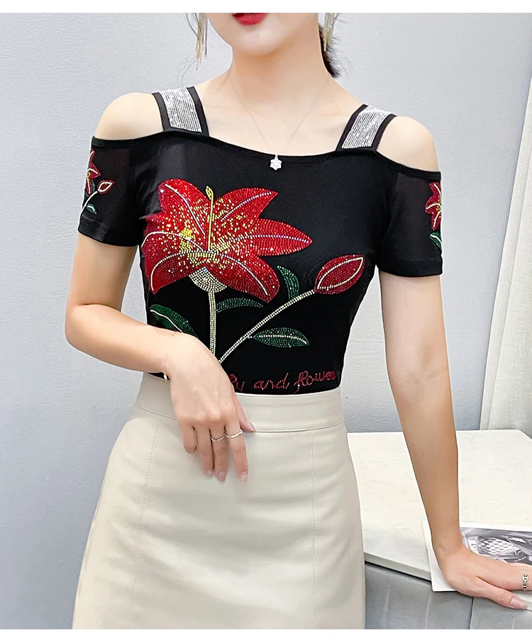Women's Off-Shoulder Rhinestone Mesh Top