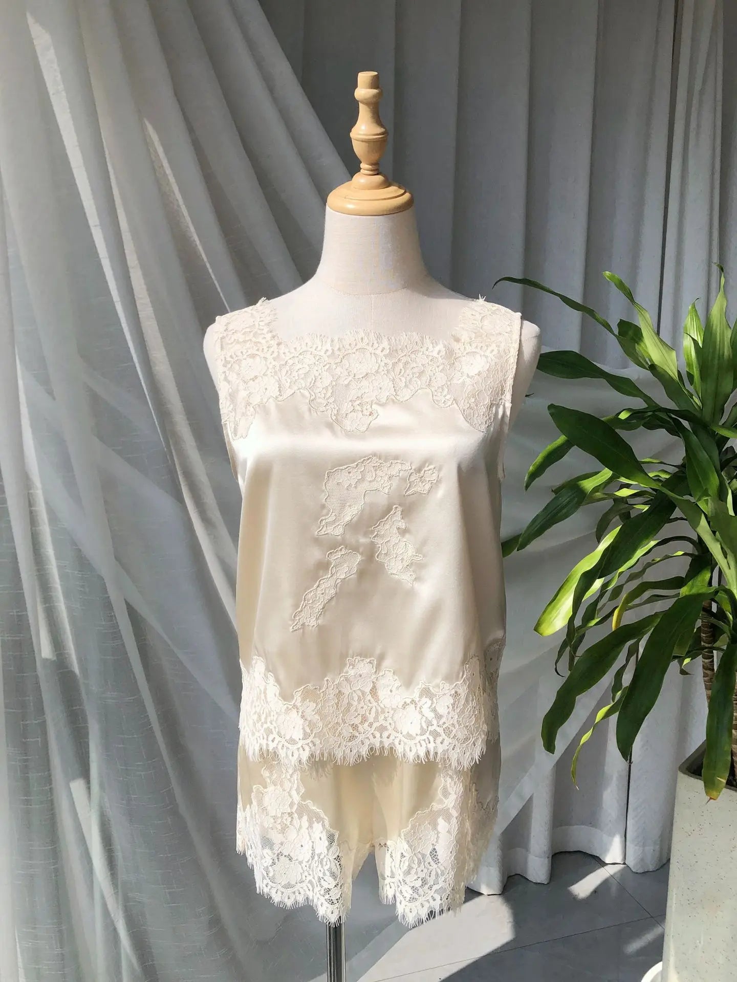 Soft Satin Lace Romantic French Lace Embroidered Satin Silk Sleeveless Vest Shorts