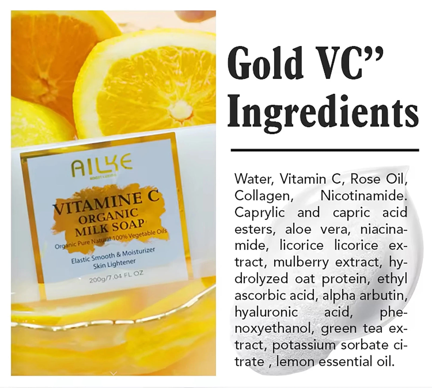 Ailke organic milk soaps containing vitamin C, whitening, wrinkle reducing, anti-aging, smoothing, and softening the skin,200g