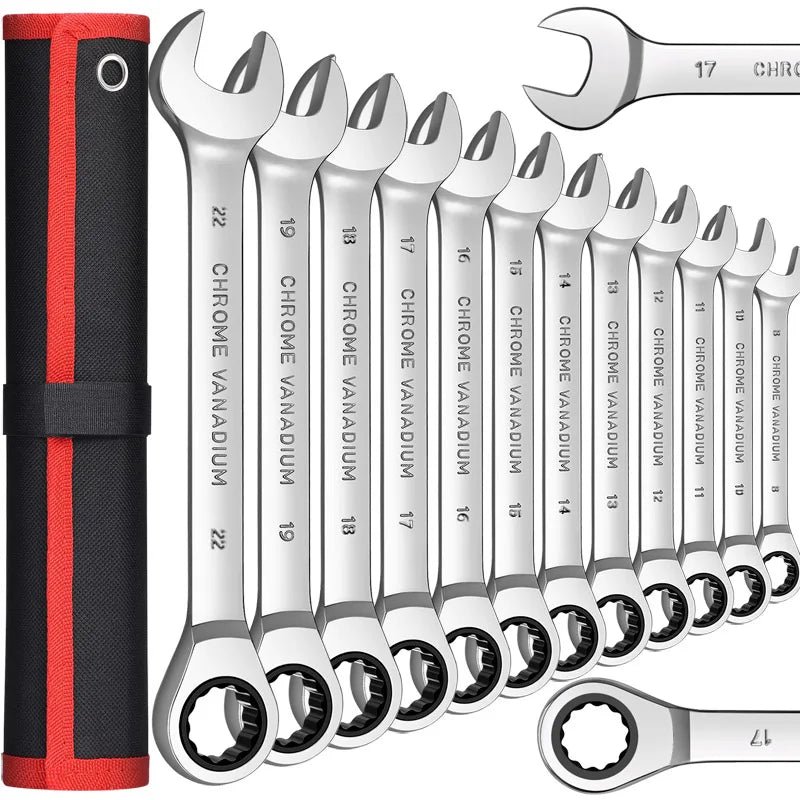 Ratcheting Combination Wrench Set,12 Point Box End and Open End Wrench Set spanner Fit for Garage,Home DIY, Repair,Maintenance