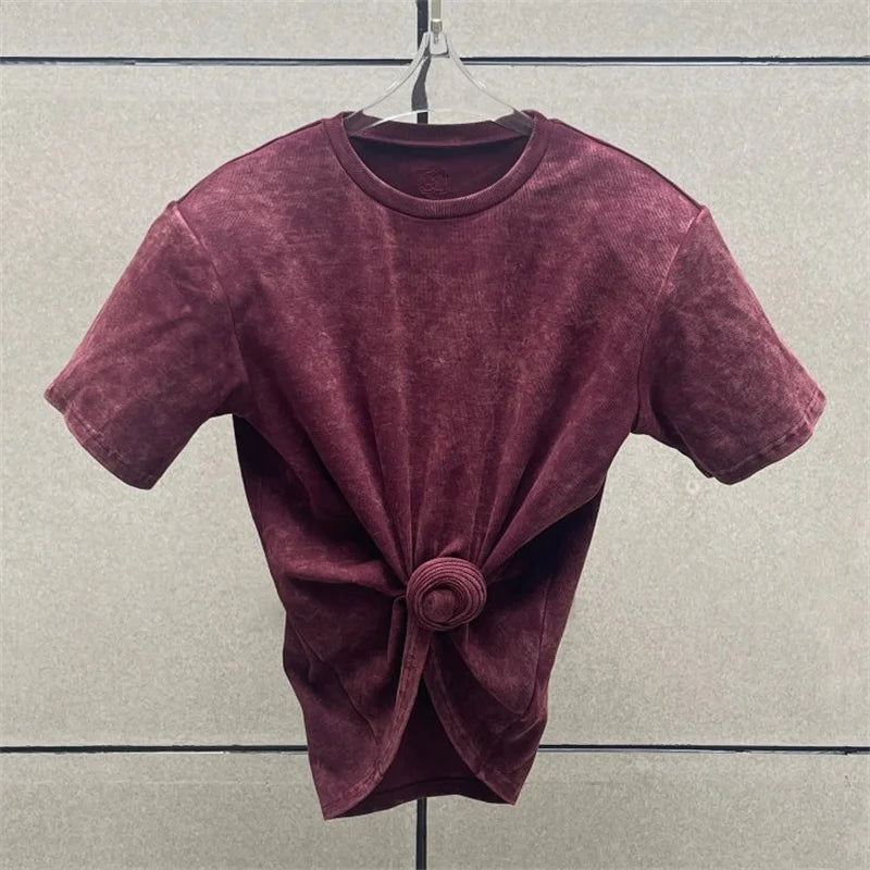 Women's t-shirt 2026 summer New elastic knitted short sleeved top 3D flower decorated round neck pullover pure cotton crop top