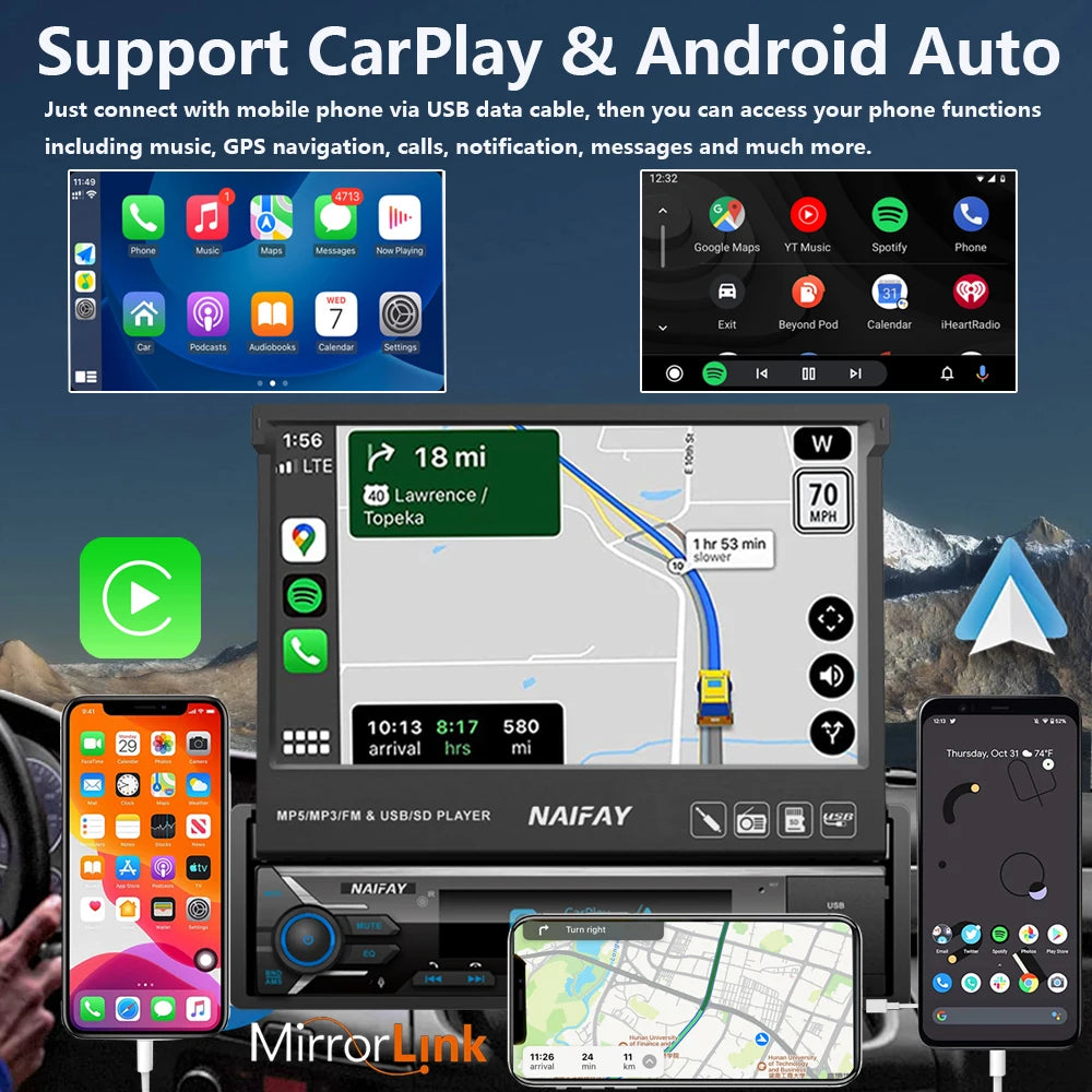 7" 1-DIN Retractable Touchscreen Car Stereo — CarPlay, Android Auto, Rear-View Camera, Bluetooth, USB/AUX/TF