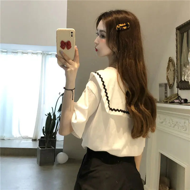 Sailor Collar T-shirts Women Baggy Kawaii Clothes Panelled Temper Designer Aesthetics Japanese Stylish Summer Vintage Футболка