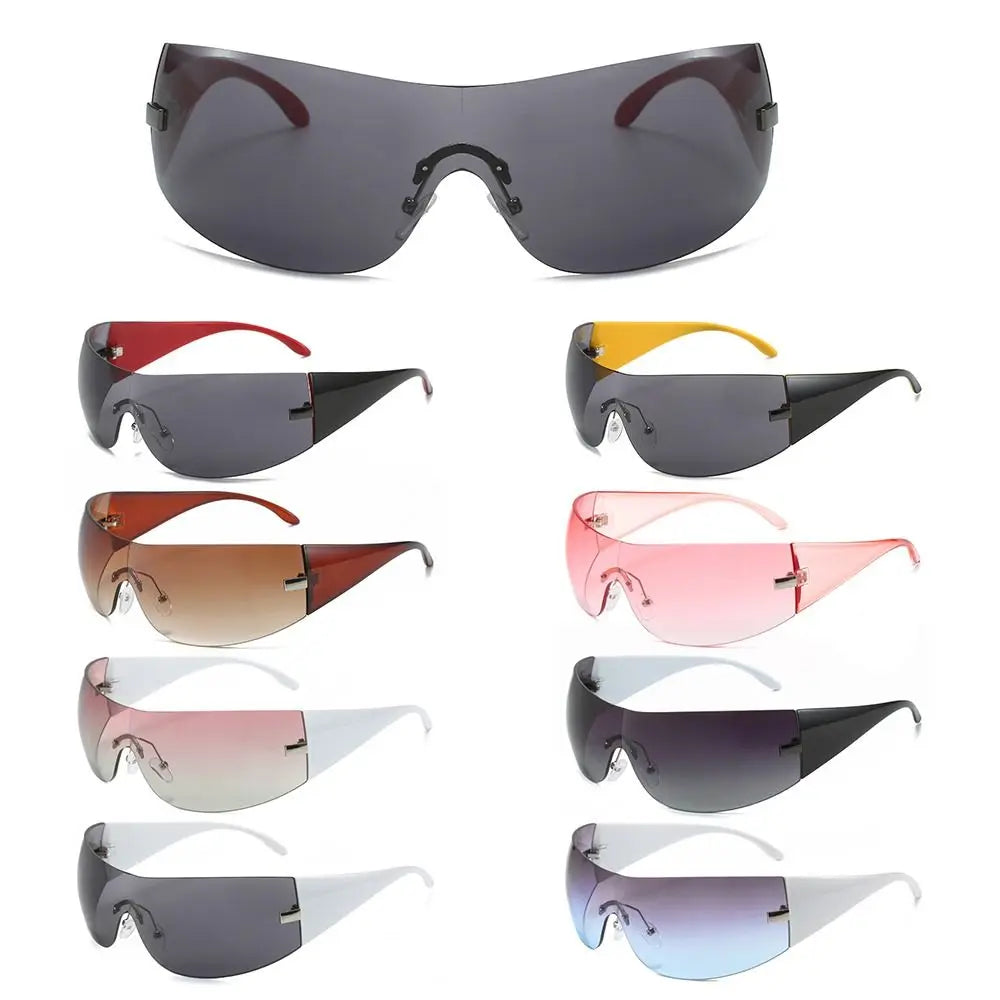 Trendy Y2K Sunglasses for Women  Men Rimless Wrap-Around Sunglasses Futuristic One Piece Shades Fashion Hip Hop Sun Glasses