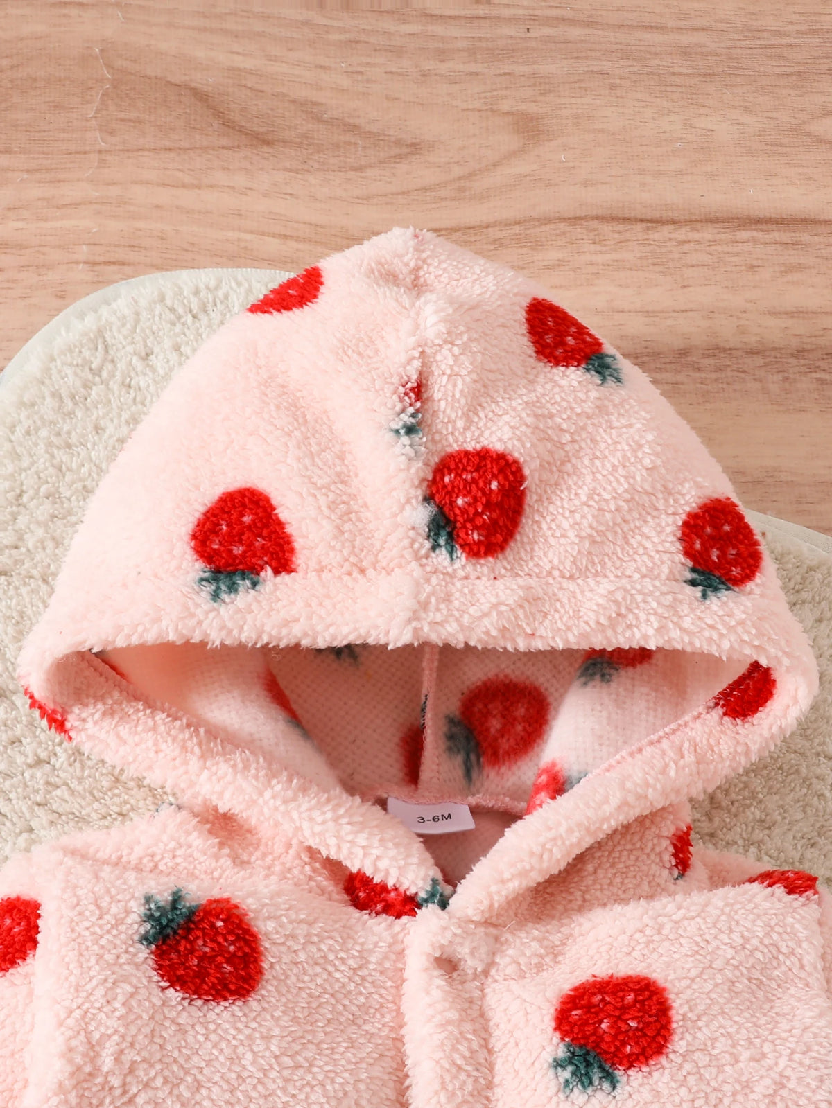 Baby Girl Strawberry Print Hooded Romper - Plush Winter Jumpsuit - photo 3
