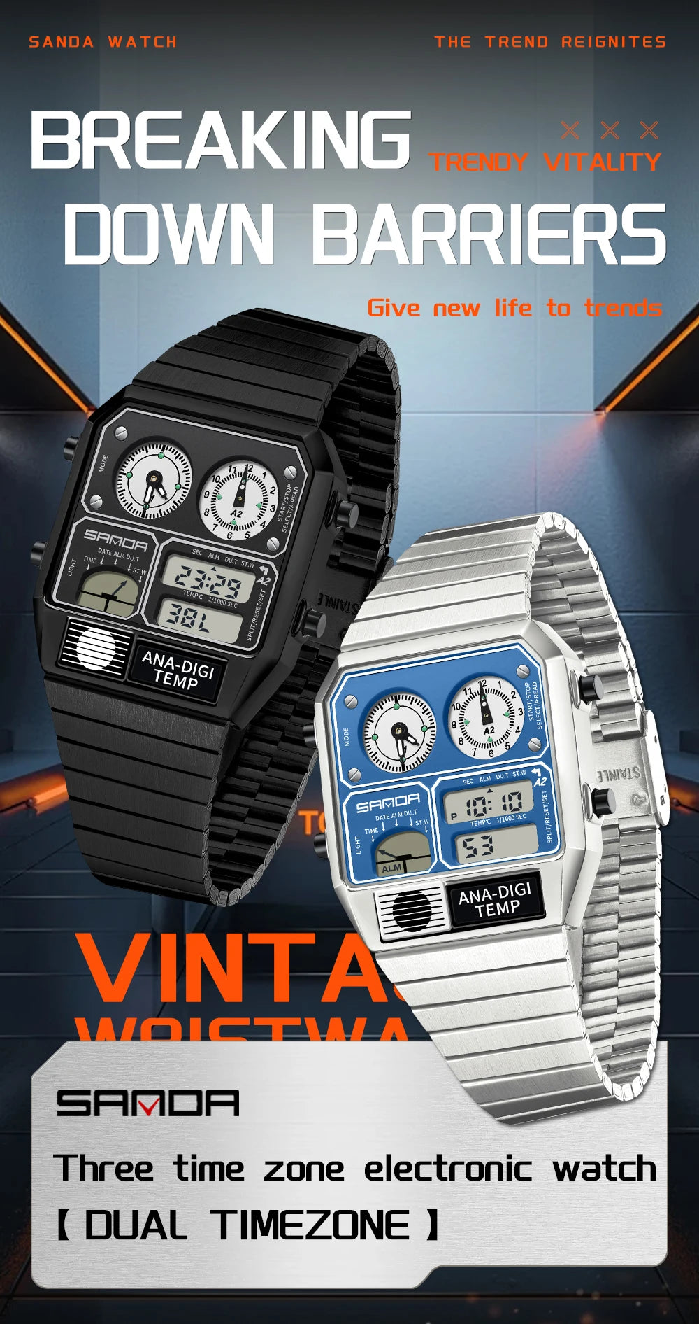 SANDA 3192 Men's Sport Watch – Analog-Digital LED, Waterproof, Stainless Steel