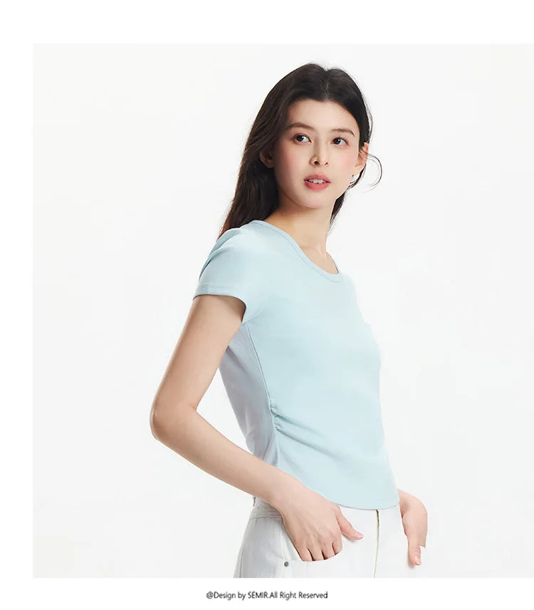 Semir Short Sleeve T-Shirt Women Cropped Slim Fit Shoulder Fit Design 2026 New Summer Embroidered Top Versatile for Chic Outfits