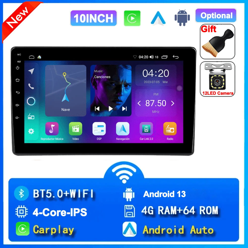 Universal 2-DIN Android 13 Car Stereo (7"/9"/10", 64GB) — CarPlay, Android Auto, GPS, WiFi