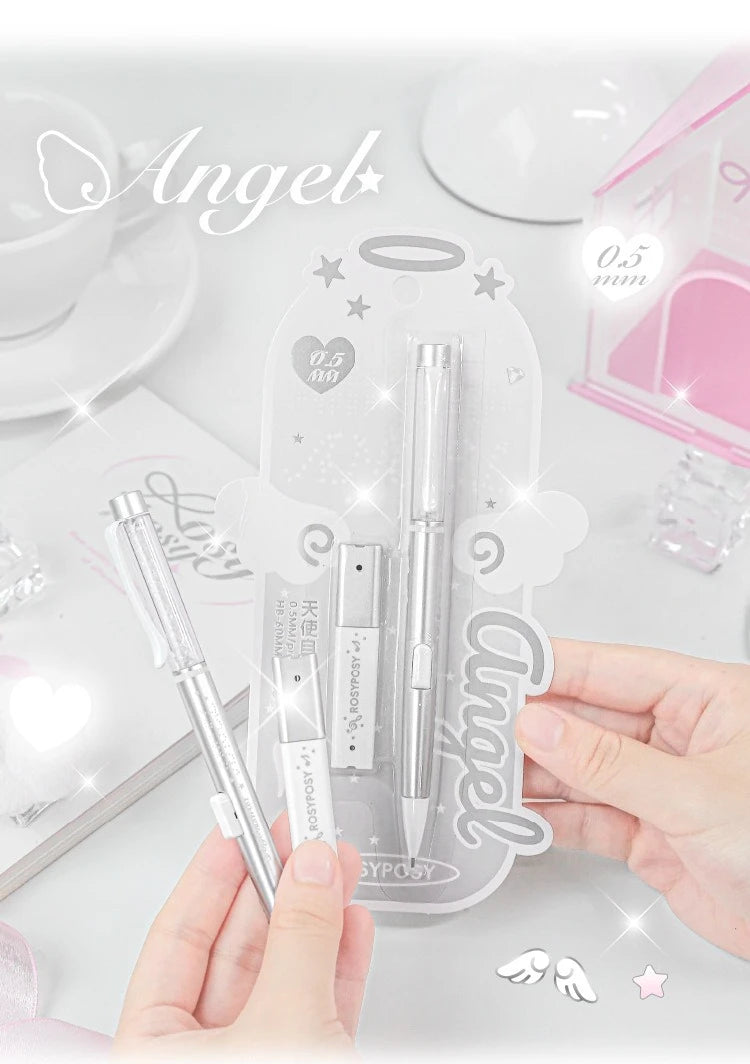 Angel Automatic Pencil Set 0.5HB Glitter Crystal Mechanical Pencil Push Button Cute Student Writing Tools Kawaii School Supplies