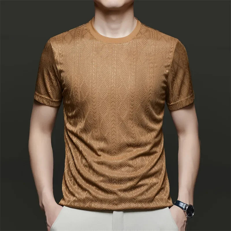 Men's Ice-Silk Jacquard Tee - Crew Neck, Cool-Touch Hollow Mesh