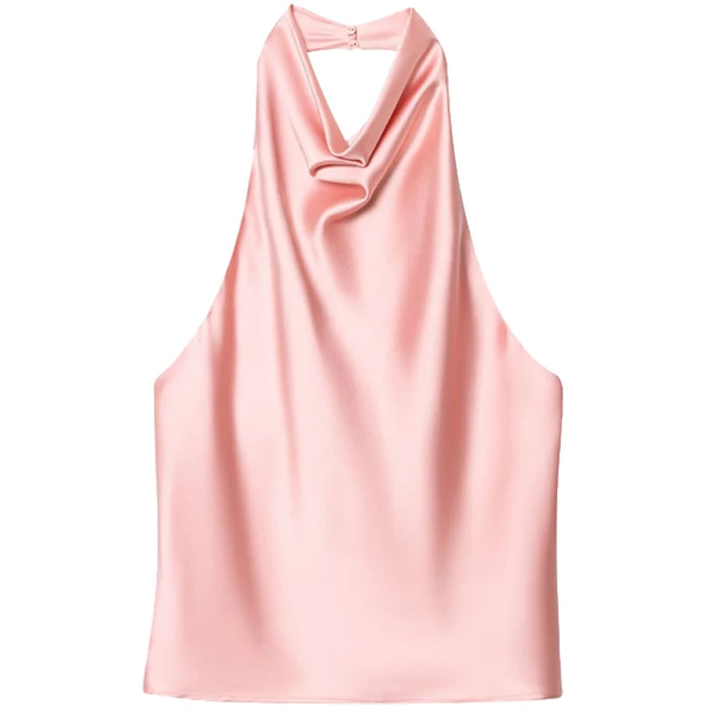 Women's Satin Halter Crop Top — Off-Shoulder Backless Sleeveless Cami