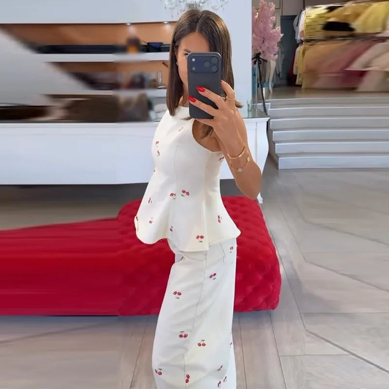 Printed Ruffle-Hem Top & Curved Pants Set — Women's 2-Piece