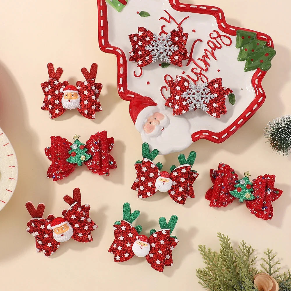 2Pcs/Set Baby Girls Christmas Hair Clips Glittle Bows with Antlers Santa Claus Snowflake Hairpin Shiny Headwear Hair Accessories