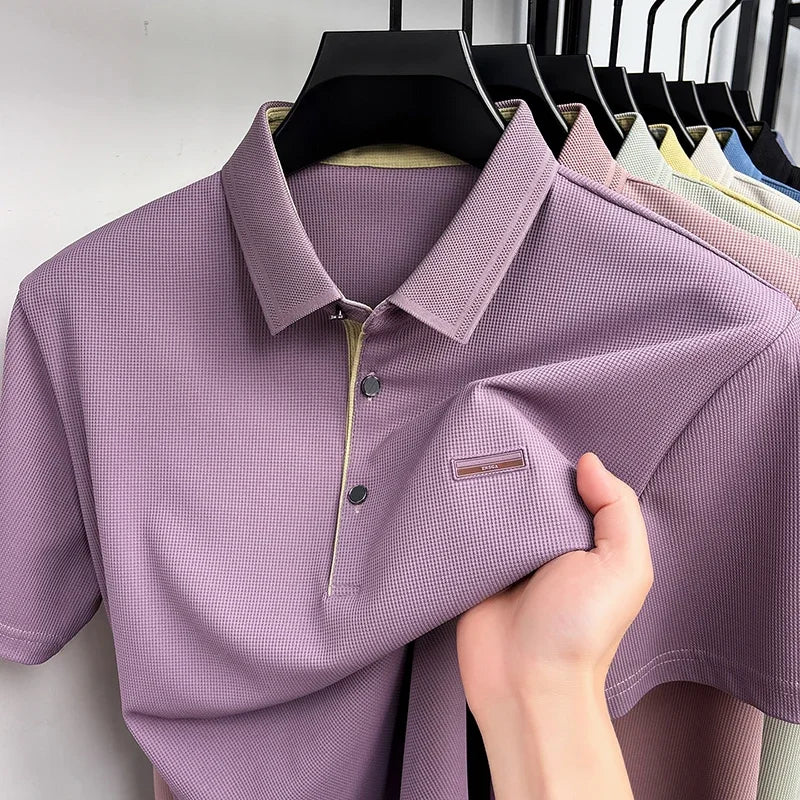 Men's Honeycomb Jacquard Polo - Breathable Mesh, Metal Buttons