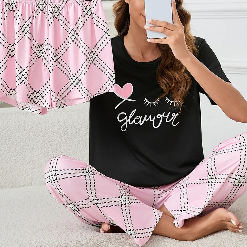 Women's 3 Piece Pajama Set - Crew Neck Top, Shorts & Long Pants - photo 7