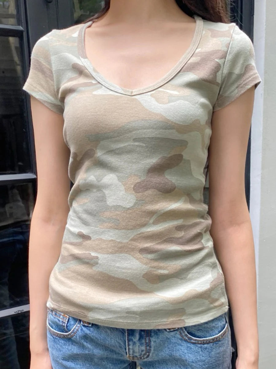 Camouflage Thin Short Sleeve T-shirt Women V-neck Cotton Slim All-match Tee Shirts Female Streetwear Vintage Y2k Tops Summer New