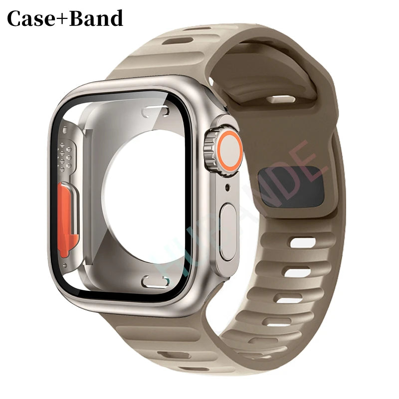 Silicone strap For Apple Watch 44mm 45mm 41mm 40mm Bracelet+Screen protectores Change to Ultra For iWatch Series 9 8 7 SE 6 5 3