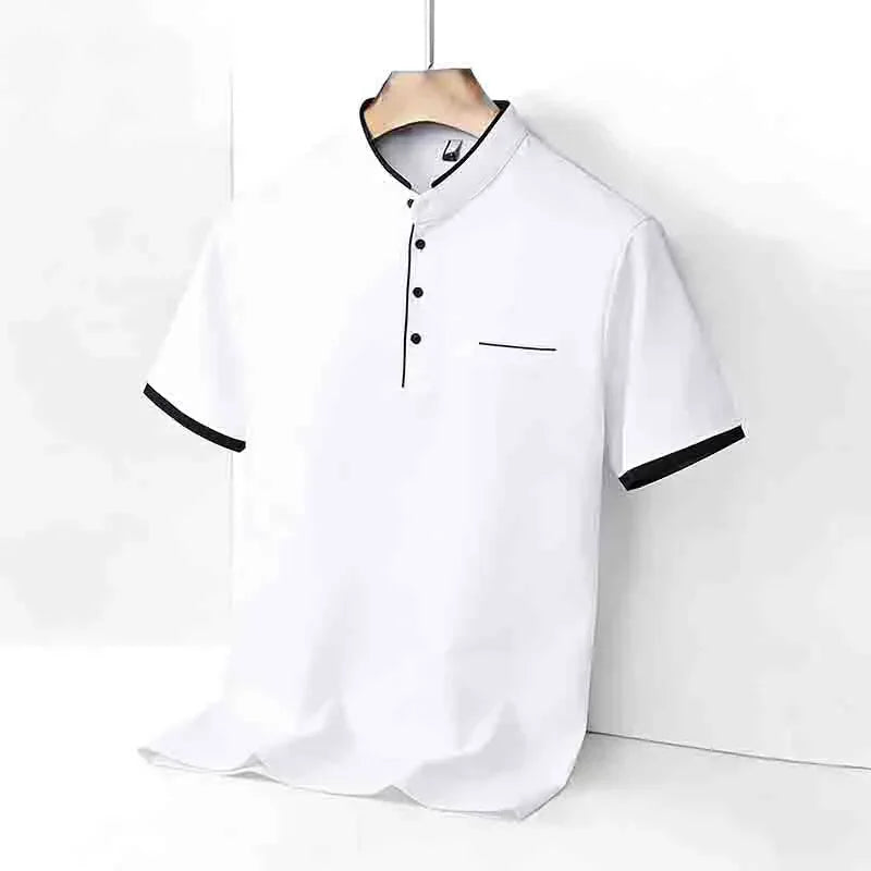 Men's Mandarin Collar Polo - Short Sleeve Pocket, All-Season Pullover