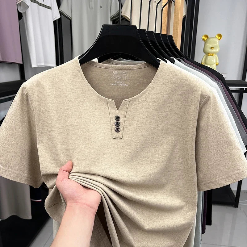 Men's Quick-Dry Henley Tee - V-Notch Neck, Breathable Summer