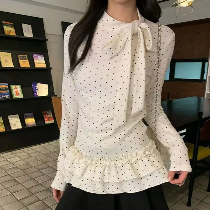2026 Harajuku Cute Print T-Shirts Women Beige Polka Dot Ruffle Hem Tees Y2K Casual Lace Trim Tops Fashion Summer Streetwear Chic