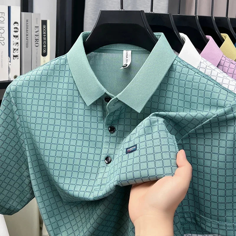 Men's Contrast Lapel Polo - Micro-Lattice Print, Chest Pocket