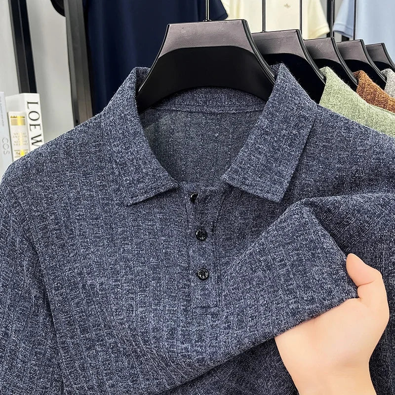 Men's Ribbed Knit Polo Tee - Soft Stretch, Three-Button Lapel