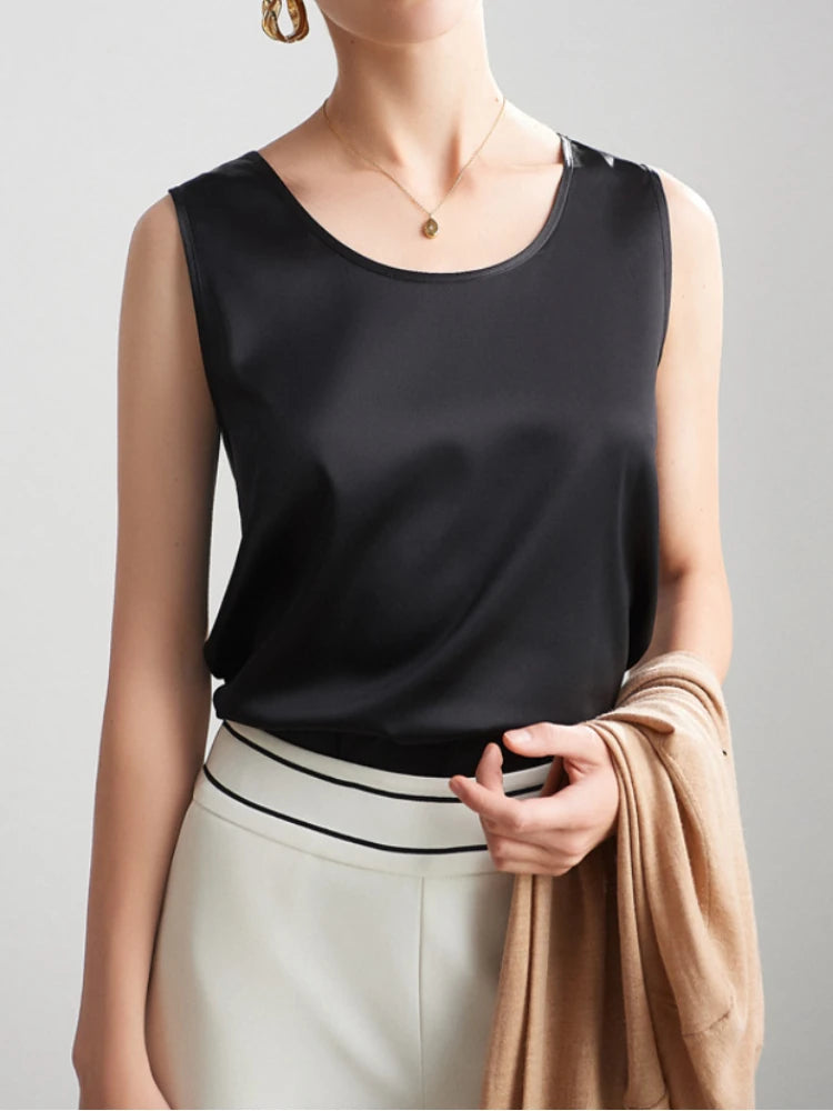Summer Satin Mulberry Silk Tank Top Casual Versatile Champagne Tops Woman 2026 New Fashion Elegant Vest Loose Sleeveless T-shirt