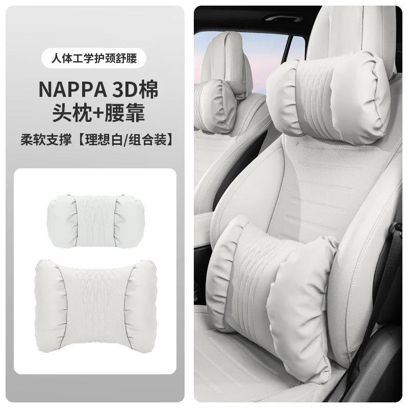 Nappa Leather Car Headrest & Lumbar Support Cushion – Soft Neck Pillow & Waist Pillow Set
