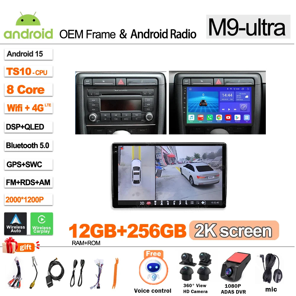 Android Car Stereo for Audi A4 B6 B7, S4, RS4 & Seat Exeo (2002–2009) — CarPlay, Bluetooth, 2-DIN
