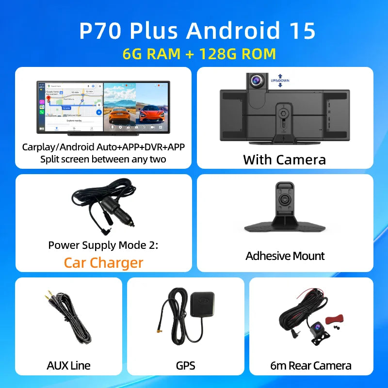 Imagebon P70 Plus Android 15 11.4" 6+128G Dual WiFi Wireless CarPlay & Android Auto Dash Cam Smart Split-Screen Google Play DVR