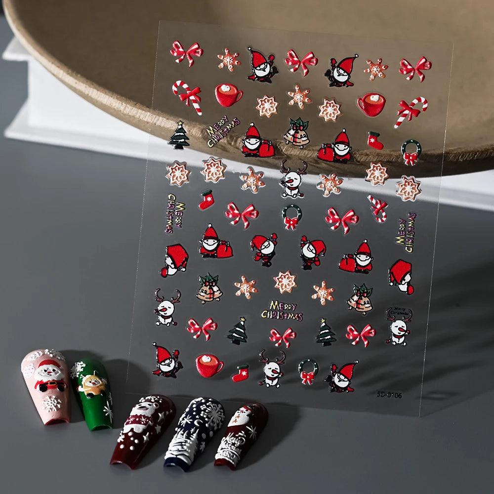 1pcs 5D Embossed Snowflakes/Snowman/Santa Claus/Reindeer Nail Art Stickers Self-Adhesive Cute Christmas Nail Art Decals 8*10CM