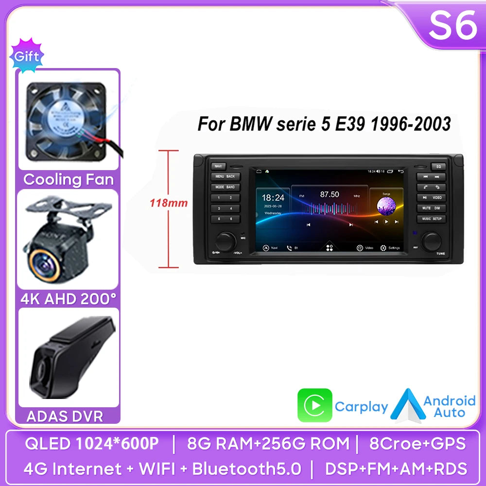 7" Android Car Stereo for BMW 5 Series E39 & X5 E53 (1996–2003) — Android Auto, GPS, 4G, WiFi, 2-DIN