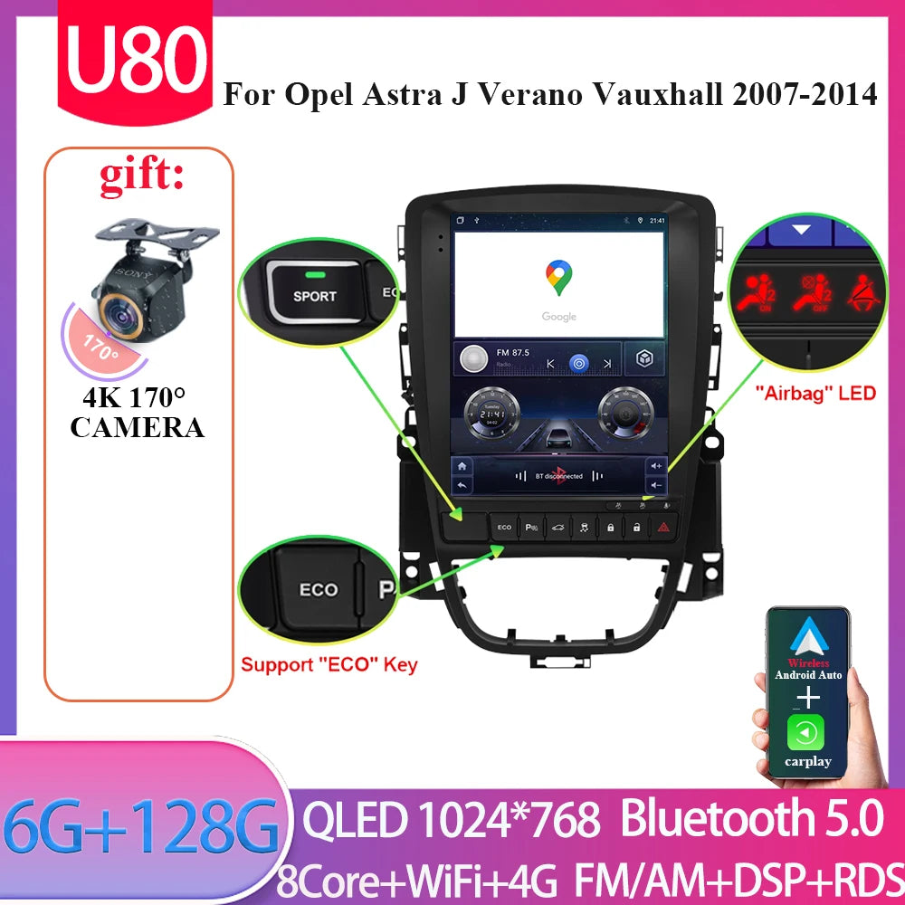 9.7" Android Car Stereo for Opel Astra J & Verano, Vauxhall (2007–2014) — CarPlay, GPS, 4G, Bluetooth