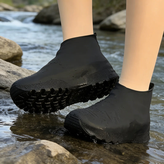 Black Latex Waterproof Shoe Covers - Heavy Duty Anti-Slip Rain Boots for Hiking, Cycling & Daily Use