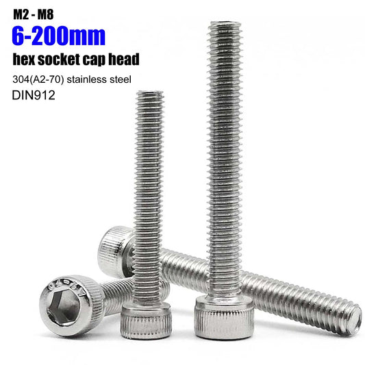 304 Stainless Steel Hex Socket Cap Bolts - Long Allen Screws DIN912 (M2-M8)