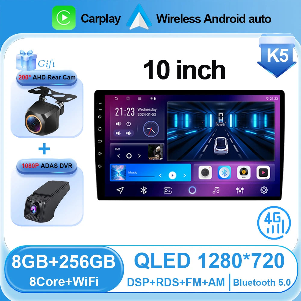 Universal 2-DIN Android Car Stereo (9"/10") — CarPlay, Android Auto, GPS, QLED Screen, Bluetooth