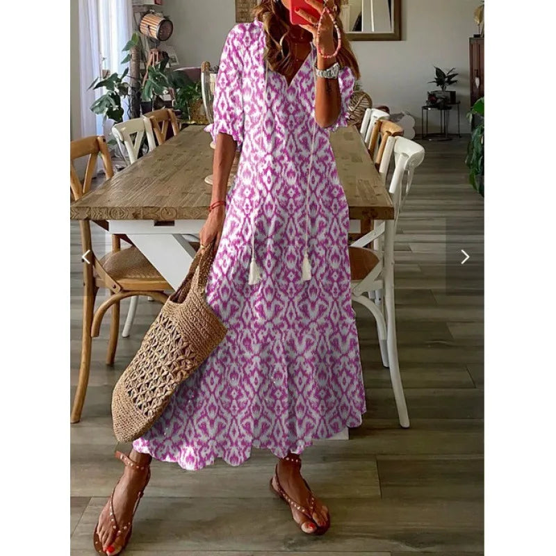 2026 Women Vintage Print Bohemian Dress Summer Fashion V Neck Half Sleeves Long Dresses Female Casual Holiday Beach Dresses