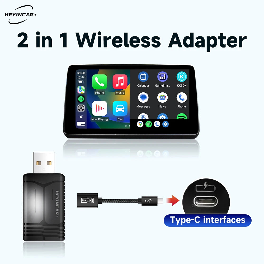 HEYINCAR Wireless CarPlay Dongle & Android Auto Adapter — Smart AI Box for Wired-CarPlay Cars