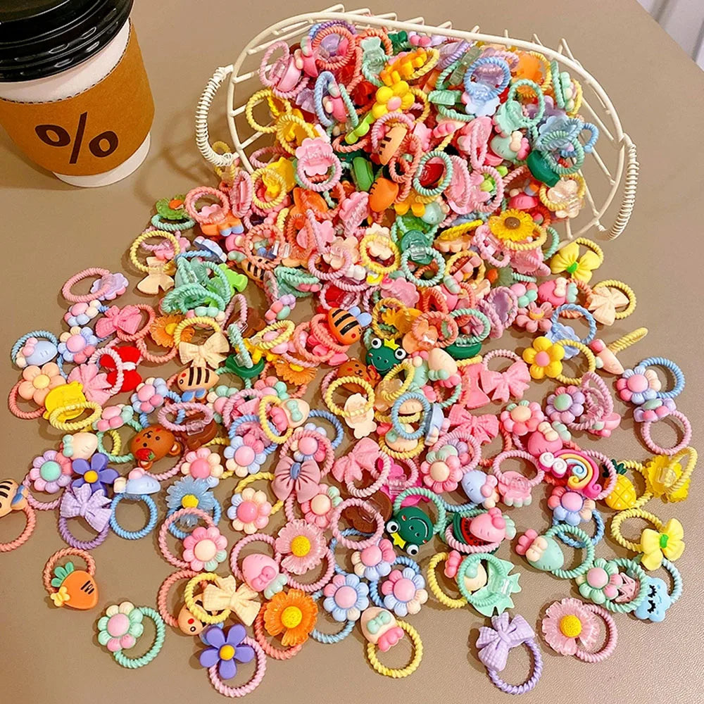 Cute Thumb Hair Ties For Girls,high Elasticity,cartoon Animal Flowers And Fruit Decorative Hair Band,sweet Girl Hair Rope