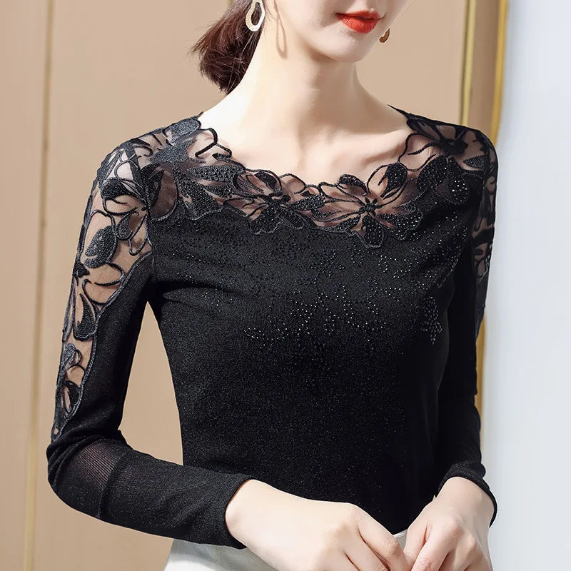 Lace Embroidery Mesh Top – Plus-Size Short-Sleeve Tee M-5XL
