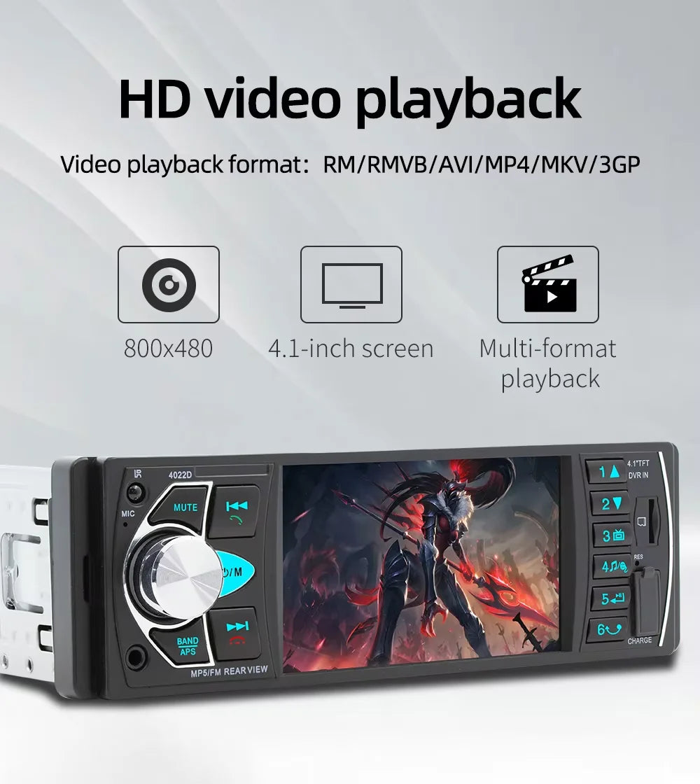 BQCC 4" 1-DIN Car MP5 Player — Bluetooth, USB/TF, FM Radio, Reverse-Camera Input, 7 Colour Lights