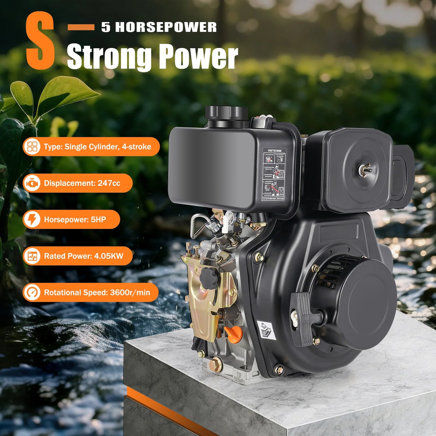 5HP 4 Stroke Diesel Engine 247cc 4.05KW Single Cylinder Air Cooled Hand Start 3600RPM for Water Pumps Generators Micro Tillers