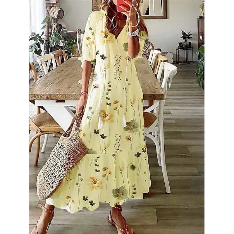 2026 Women Vintage Print Bohemian Dress Summer Fashion V Neck Half Sleeves Long Dresses Female Casual Holiday Beach Dresses