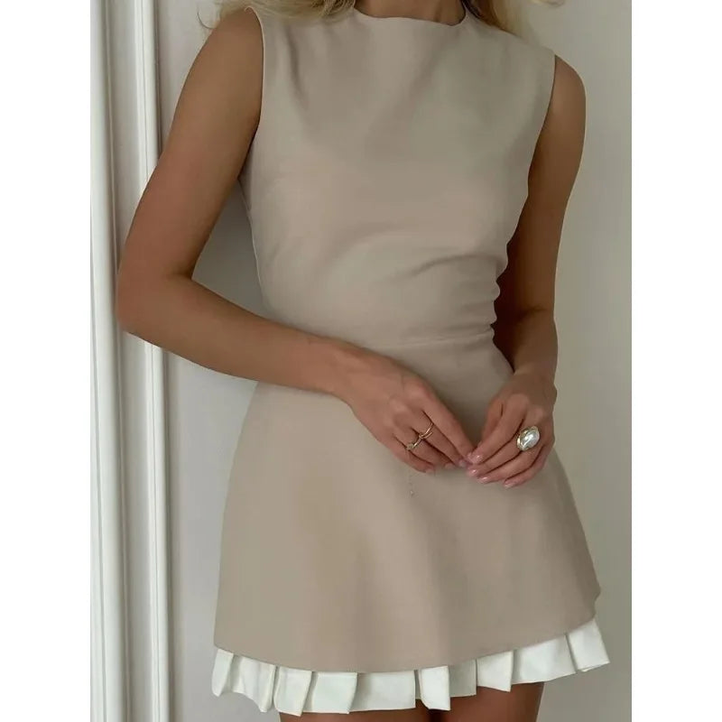 Lady Office Commute High street Mini Dress Elegant Patchwork Pleated Short Dress For Women Fashion Slim Sleeveless Vestidos