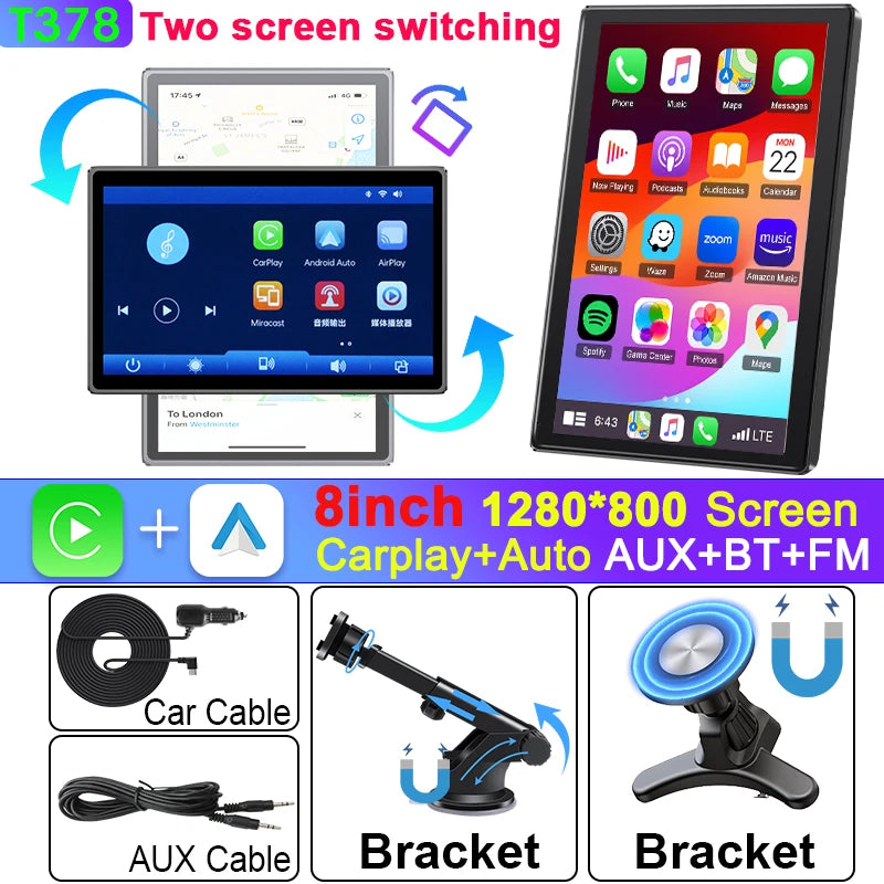 Universal 8 inch Portable Rotatable Car Screen Wireless Carplay Android Auto & WIFI Mirror Link Parking Rear Camera AUX Stereo