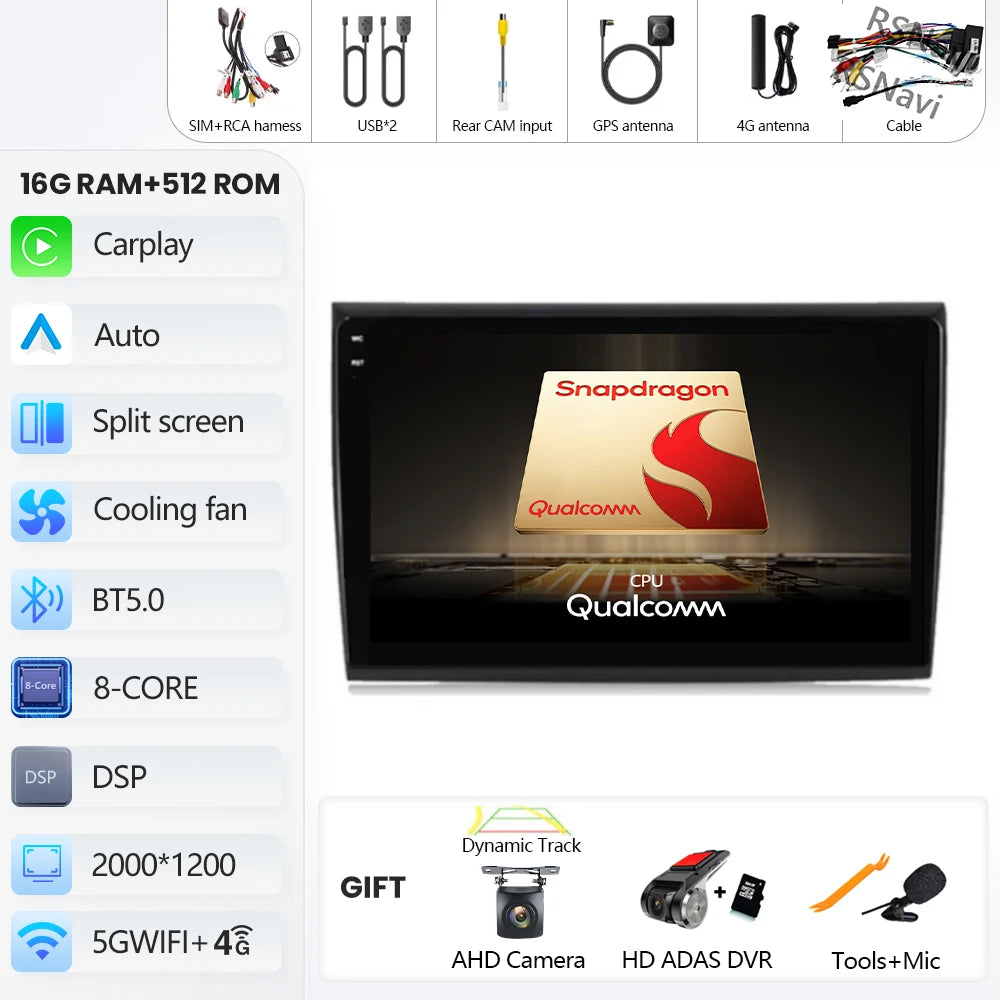 Car Stereo with Apple CarPlay & Android Auto, Compatible with Fiat Bravo 198 II (2007-2014)