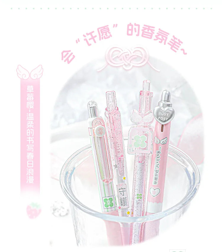 4pcs Good Luck Gel Pens Set Sweety Japanese Style 0.5mm Ballpoint Black Ink for Writing Student Back to School Kids Gift A3142