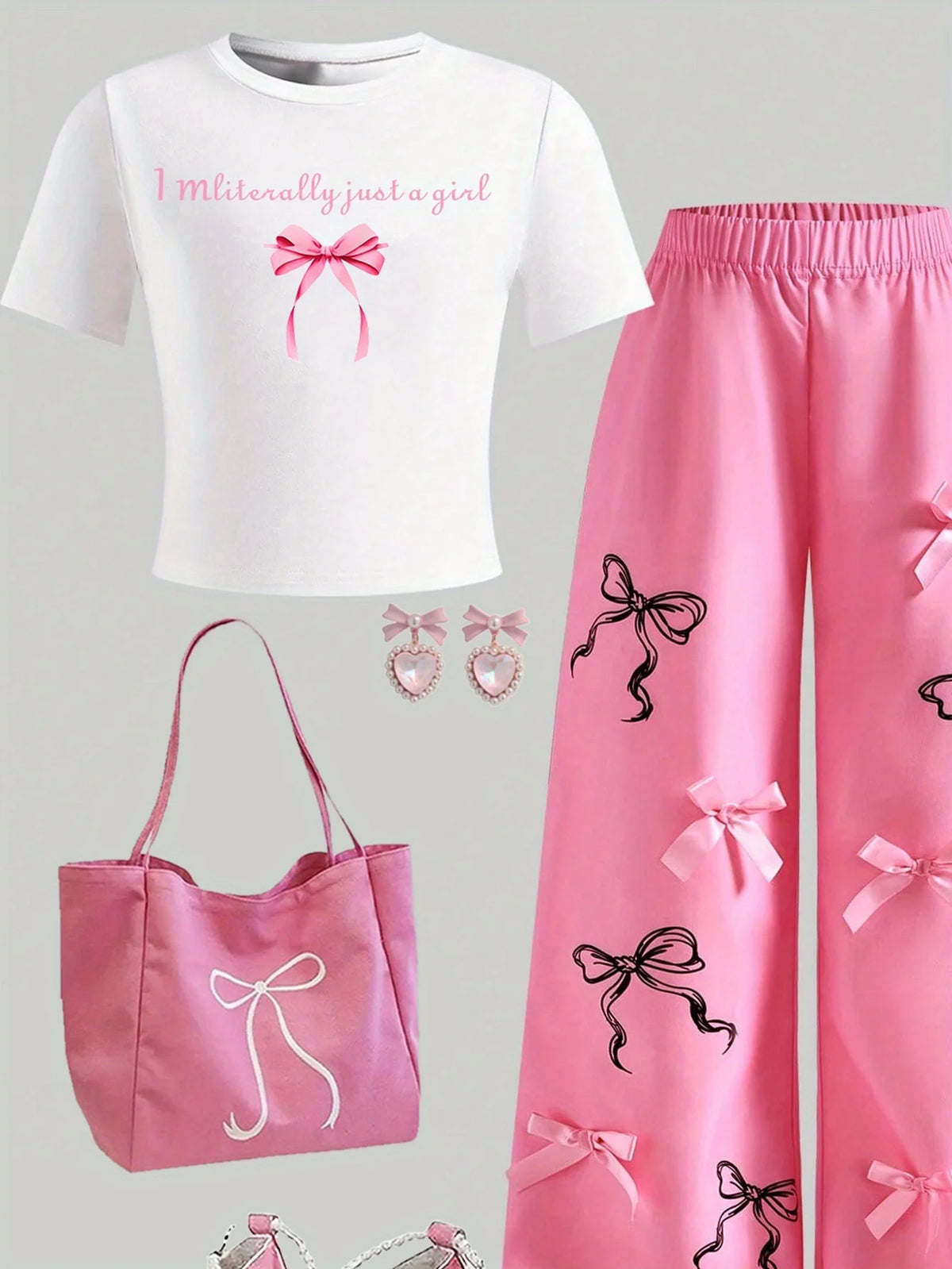 Girls' Casual Long Pants Set, Youth Girls' Letter-Print Short-Sleeve T-Shirt and Hot Pink Bow Wide-Leg Pants Casual Two-Piece Set Suitable for Children Aged 5-13, Suitable for Various Occasions