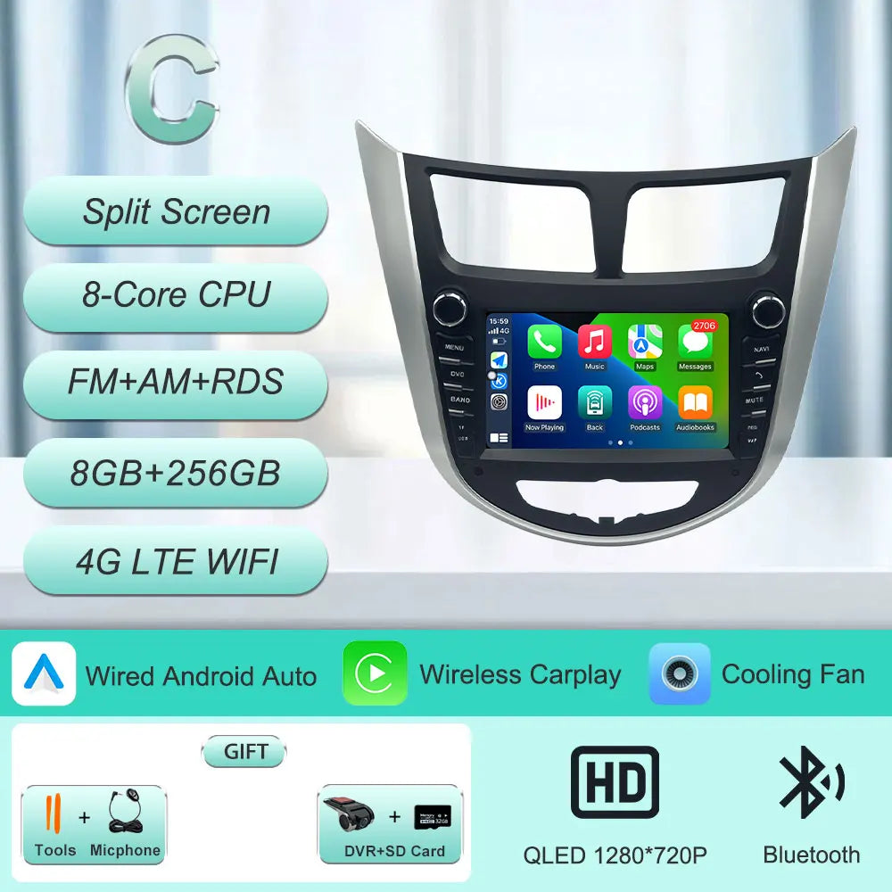 7" Android Car Radio for Hyundai Solaris Accent Verna 2010-2016 Wireless CarPlay Android Auto GPS WiFi BT FM Touch Screen Stereo